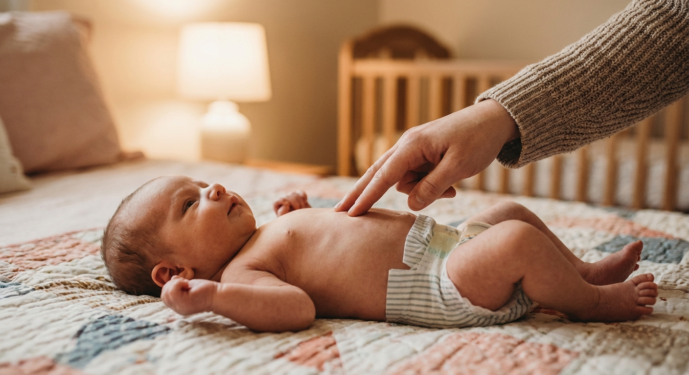 A newborn lying on a bed in a diaper while a parent gently massages the baby’s abdomen with two fingertips in a clockwise motion, warm indoor lighting, photorealistic lifestyle photo