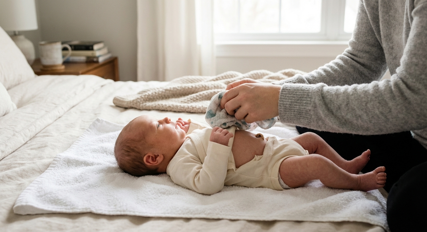 A newborn lying on a towel on a bed while a parent gently wipes the baby with a warm washcloth, the umbilical cord stump kept dry, calm home setting, realistic lifestyle photo