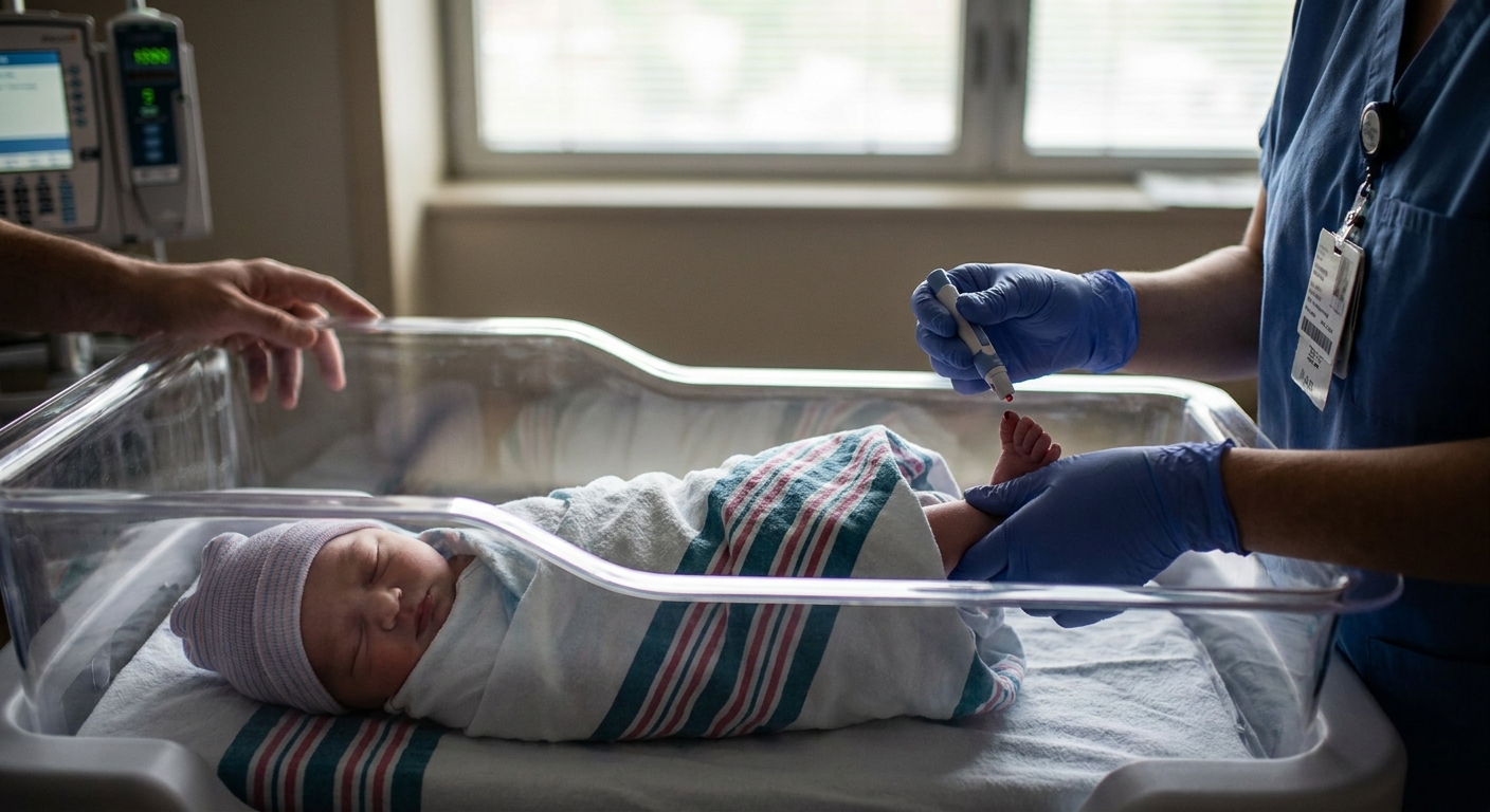A newborn lying swaddled in a hospital bassinet while a nurse gently performs a heel prick blood sugar test, soft natural light, documentary hospital photo style