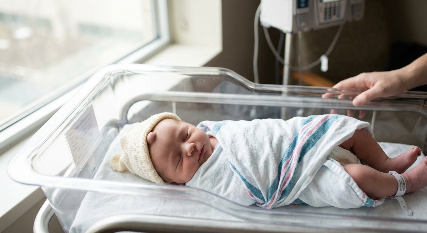 A newborn resting in a hospital bassinet on the first day of life, with a soft knit cap and a gentle scalp swelling visible beneath the cap, natural window light