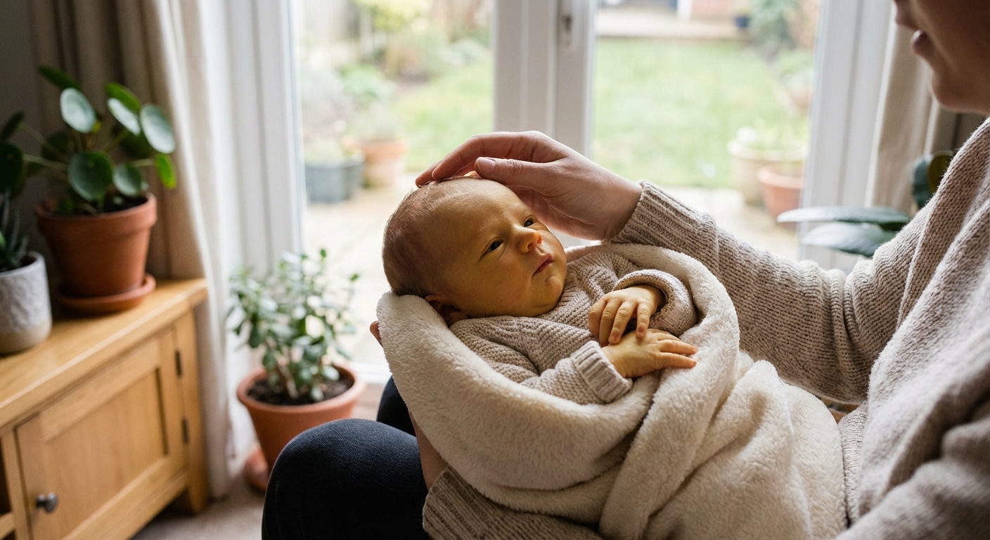 A newborn resting in a parent's arms near a window with soft daylight, showing mild yellowing of the skin, intimate lifestyle photography
