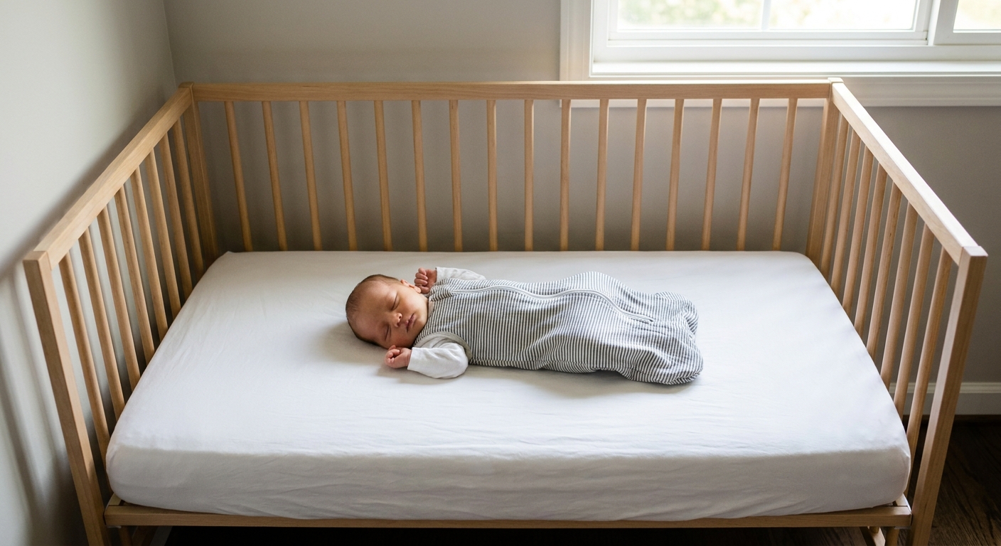 A newborn sleeping on their back in a bare crib with a fitted sheet, no pillows or blankets, in soft daylight
