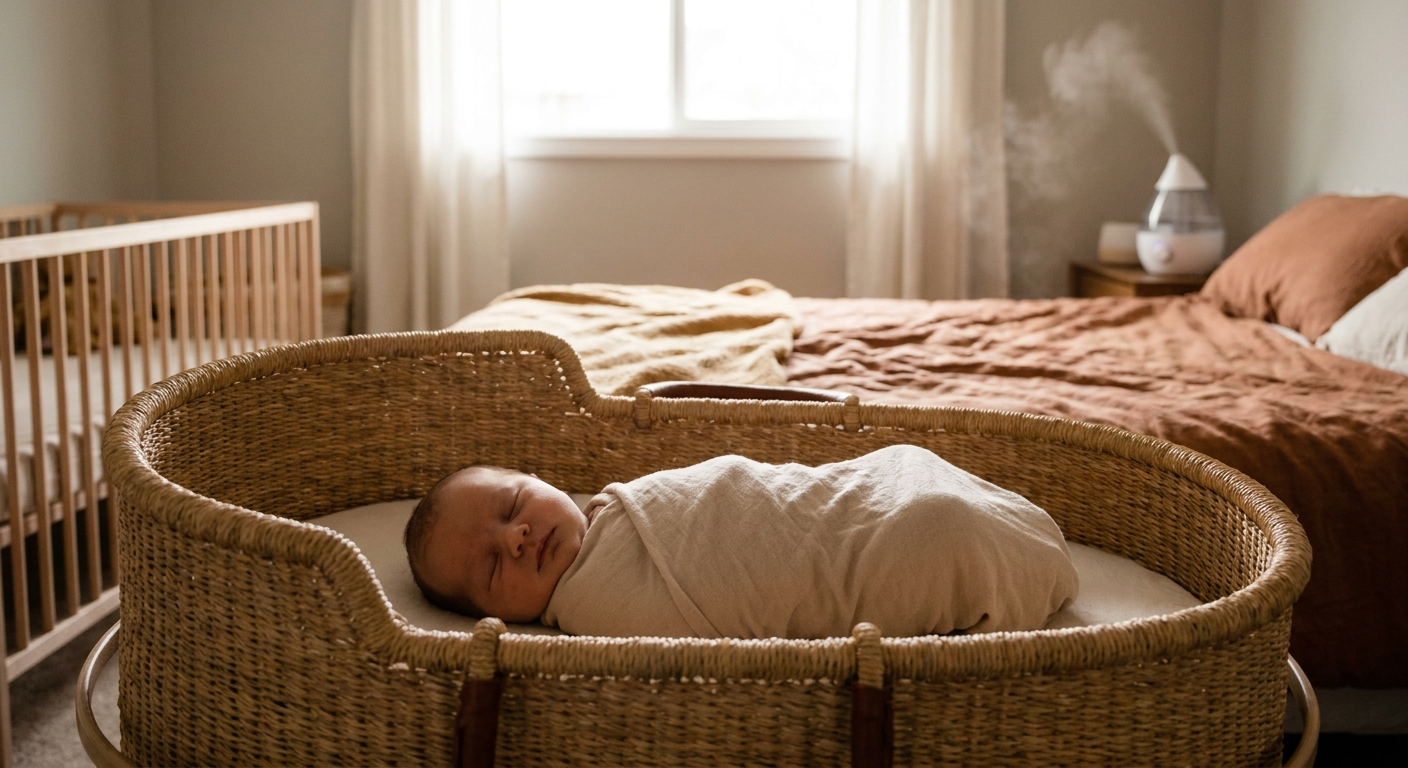 A newborn sleeping on their back in a bassinet in a calm bedroom while a small cool-mist humidifier runs in the background, natural cozy lighting, real photograph style