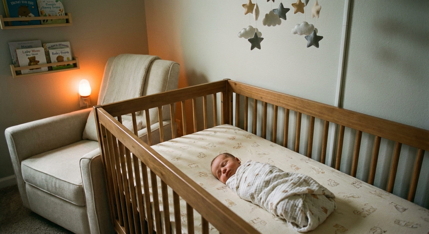 A newborn sleeping on their back in a crib with a fitted sheet, dim warm night light in the room, calm peaceful atmosphere, photorealistic lifestyle photography