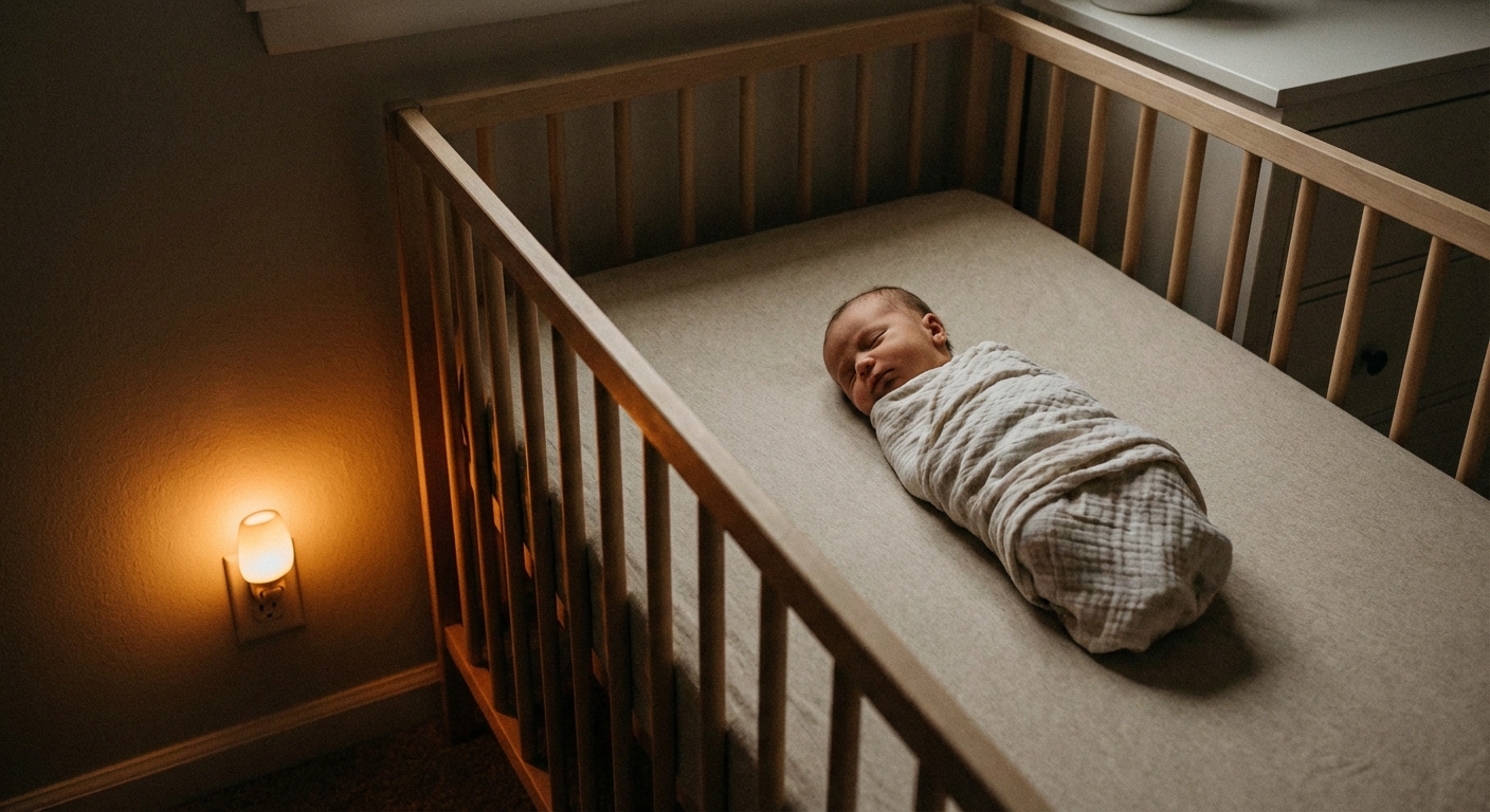 A newborn sleeping on their back in a simple crib with a fitted sheet, in a dark bedroom with a soft nightlight glow, photorealistic lifestyle photography