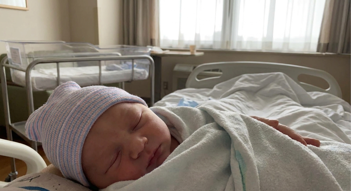 A newborn wearing a knit cap in a postpartum hospital room, with a mild, diffuse scalp puffiness visible at the crown, candid natural-light photo