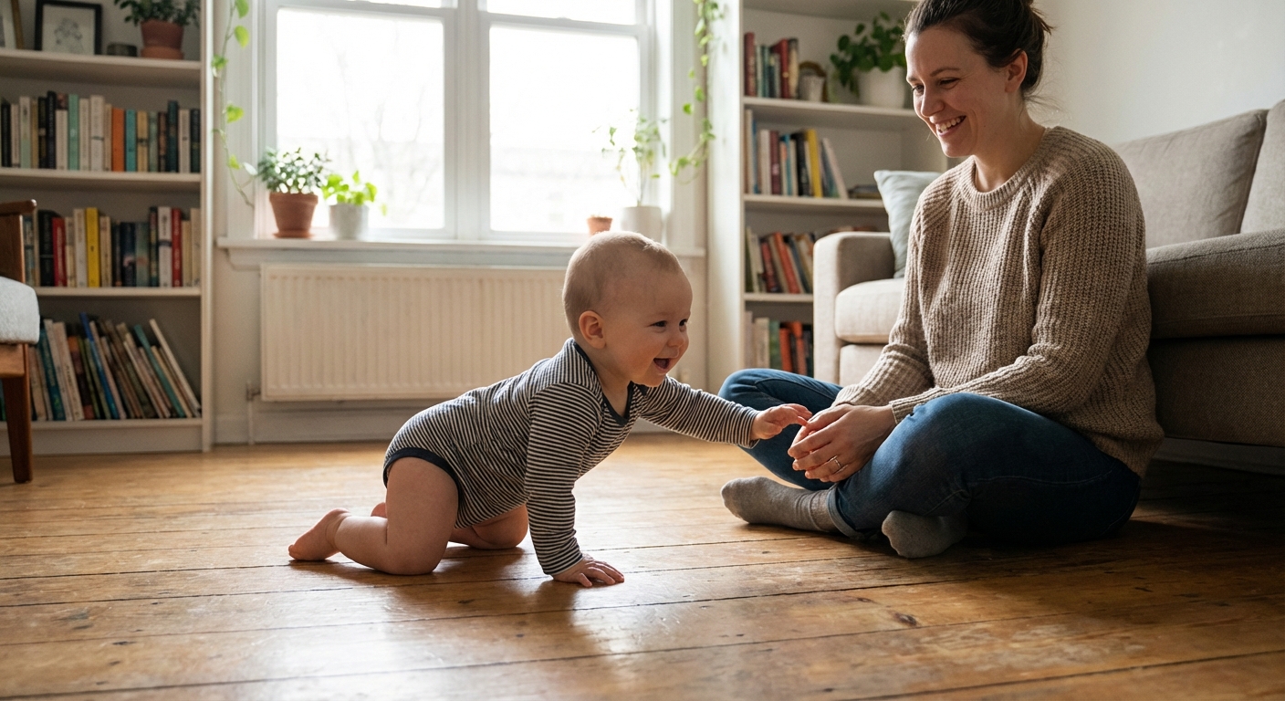 A nine-month-old baby crawling across a living room floor toward a smiling parent sitting nearby, natural window light, candid family photo