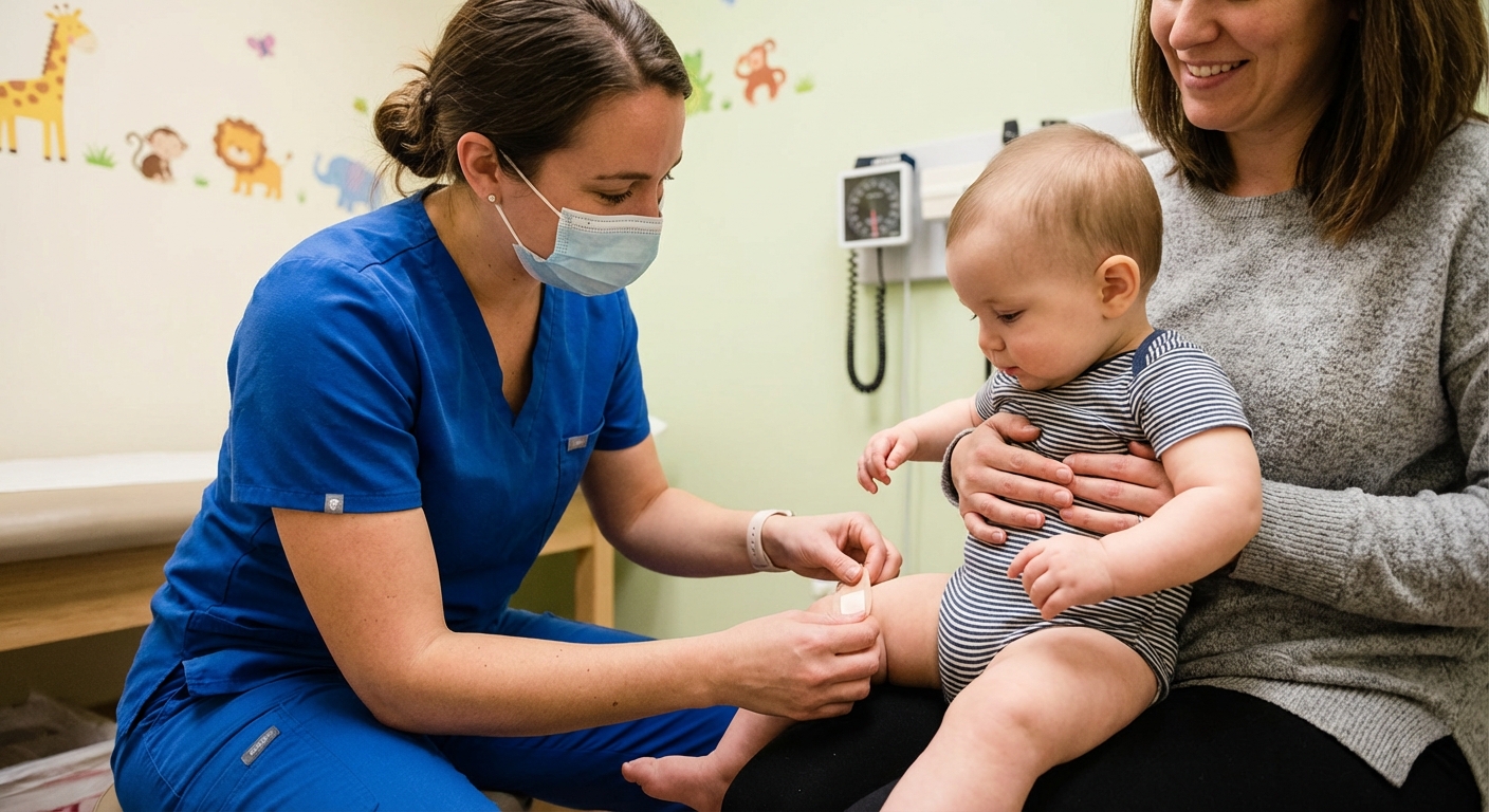 A nurse gently administering a vaccine to a baby’s thigh while a parent holds the baby securely in a pediatric clinic room, calm supportive atmosphere, realistic photography