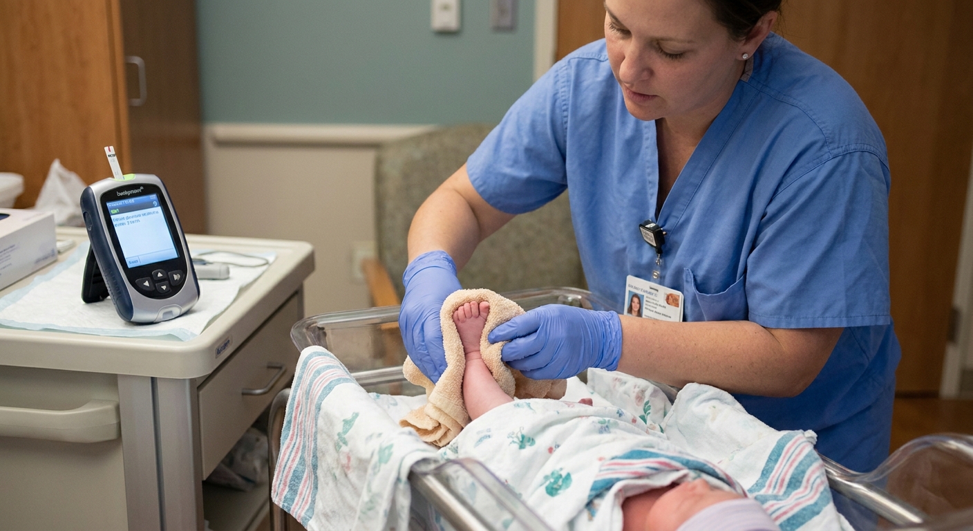 A nurse gently warming a newborn's heel with a warm cloth in a hospital room before a heel stick blood sugar test