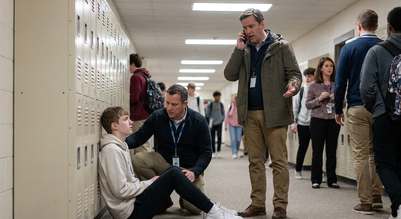 A pale teenage student sitting on a school hallway floor supported by a school staff member while another adult calls for help, realistic indoor photo
