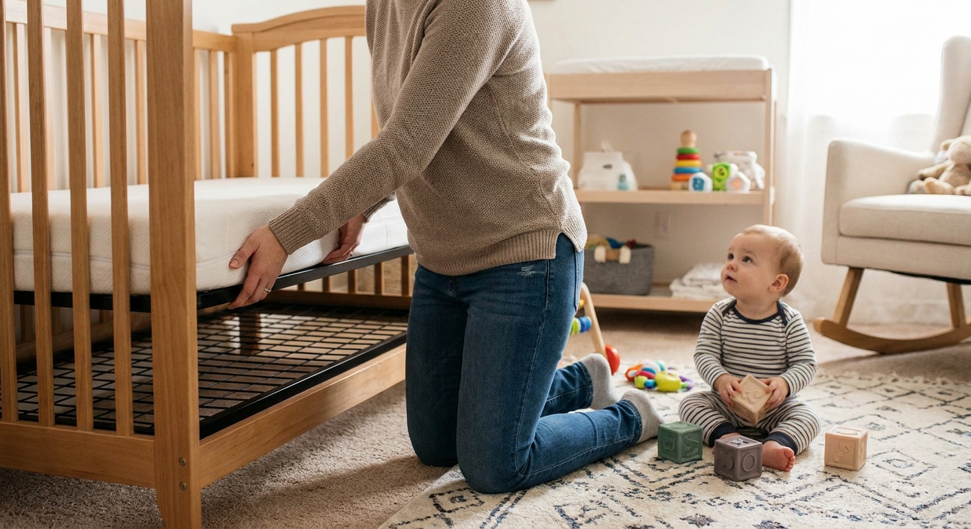 A parent adjusting a crib mattress to a lower setting in a nursery while an 11-month-old baby sits on the floor nearby, real photo