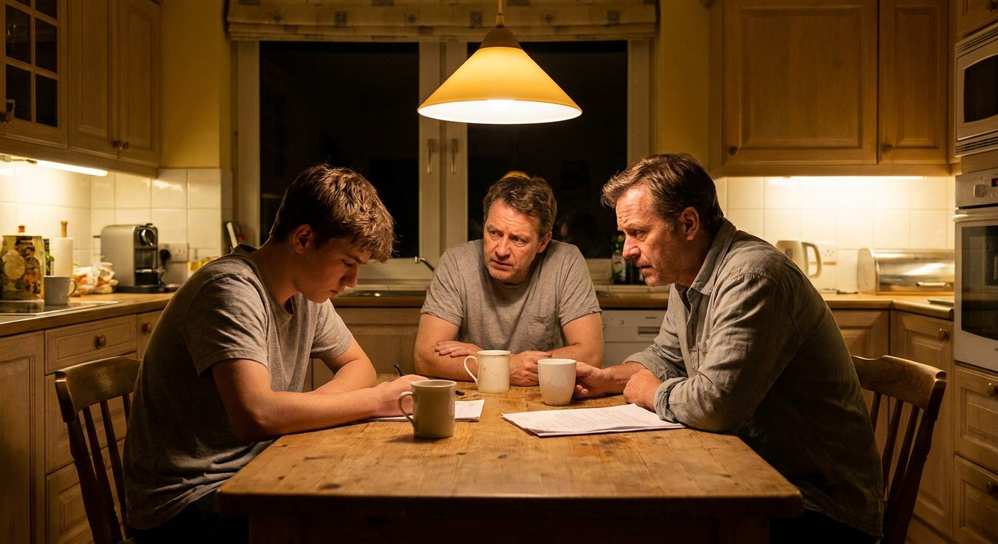 A parent and teenager sitting at a kitchen table talking quietly with concerned expressions, warm indoor lighting, realistic photograph