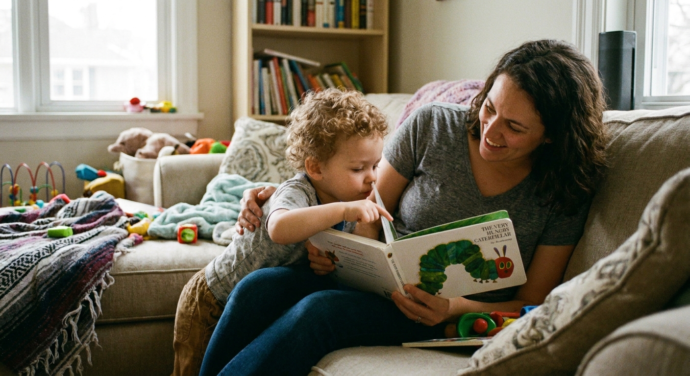 A parent and toddler reading a picture book together on a couch, with the toddler leaning in close to the pages, natural indoor lighting, real-life photograph