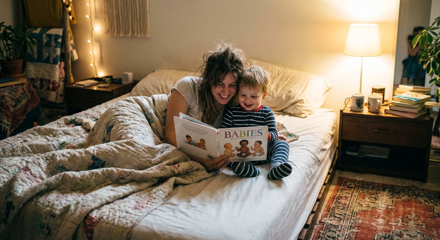 A parent and toddler sitting on a bed reading a picture book about babies, cozy bedroom lighting, candid lifestyle photo