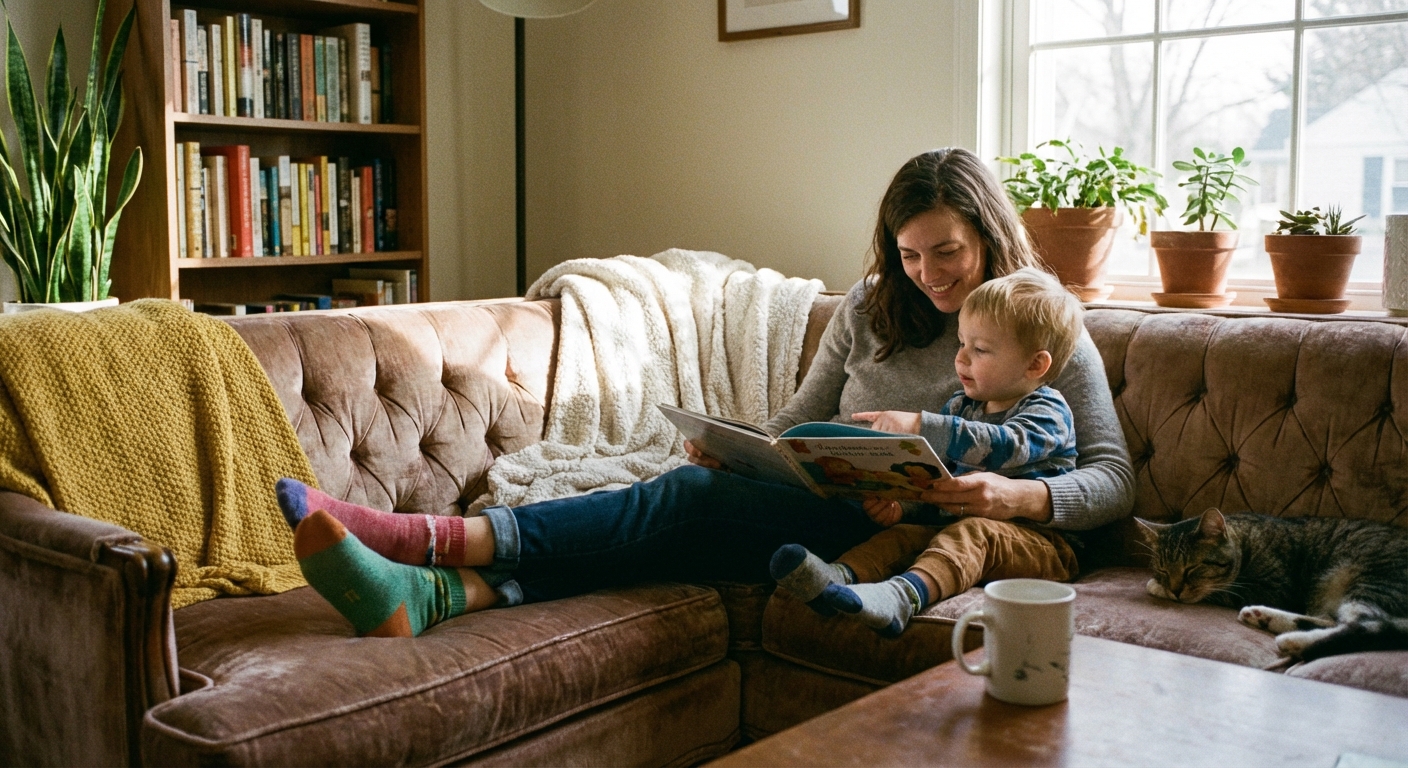 A parent and toddler sitting on a couch reading a picture book together in a calm, cozy living room, candid photo