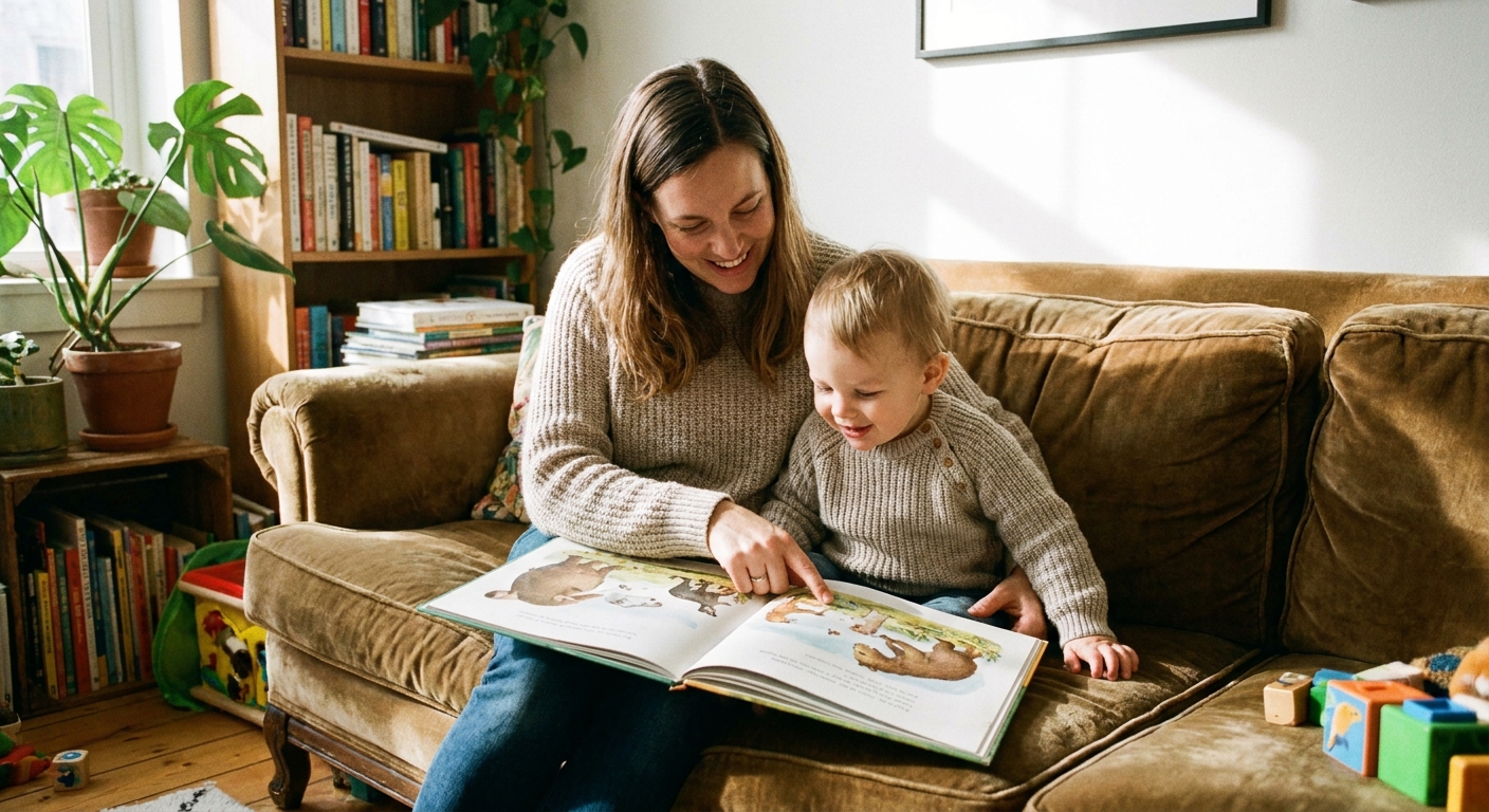 A parent and toddler sitting on a couch reading a picture book together, the parent pointing at a picture while the toddler looks engaged