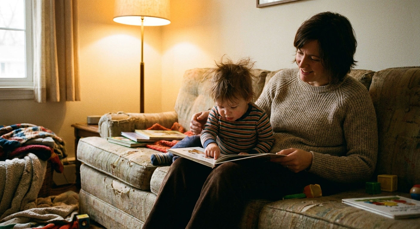 A parent and toddler sitting together on a couch reading a picture book, the toddler leaning in close to the pages in warm indoor light, candid family photo