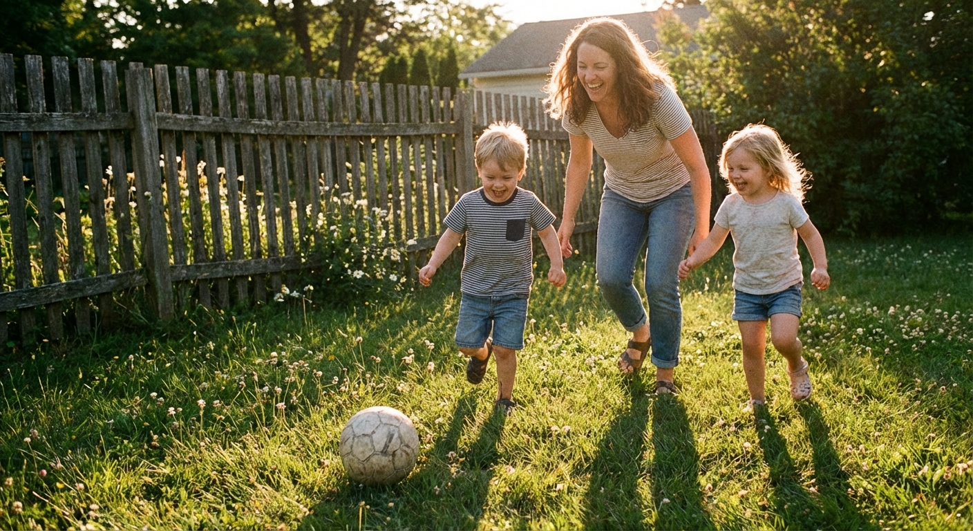 A parent and two young children playing with a ball in a grassy backyard during late afternoon golden light, candid family lifestyle photography