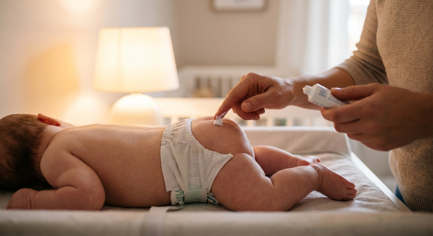 A parent applying a small amount of diaper cream to a baby’s clean, dry diaper area using a fingertip, soft indoor lighting, realistic candid photo
