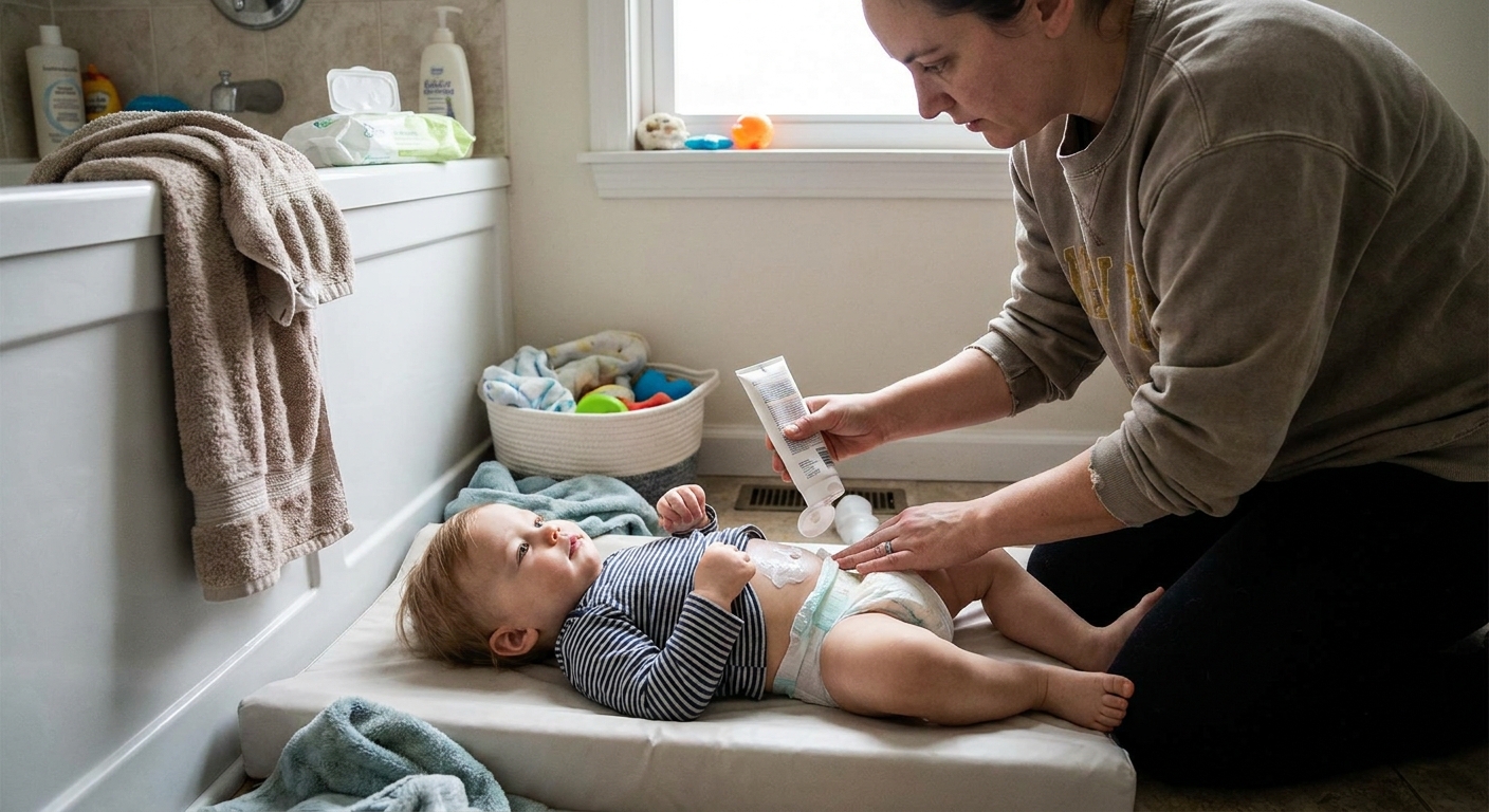 A parent applying a thick barrier cream to a toddler's diaper area in a home bathroom, candid real-life photo