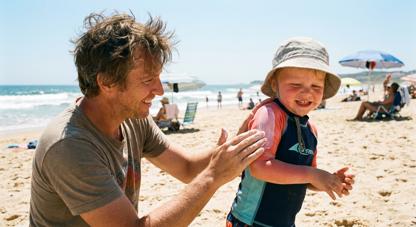 A parent applying sunscreen to a child’s shoulder at the beach in bright natural daylight, realistic candid photo