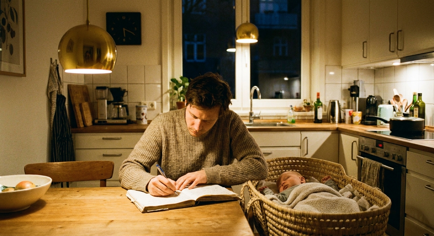 A parent at a kitchen table writing notes in a notebook while a baby rests in a nearby bassinet, warm indoor evening lighting, realistic photography style