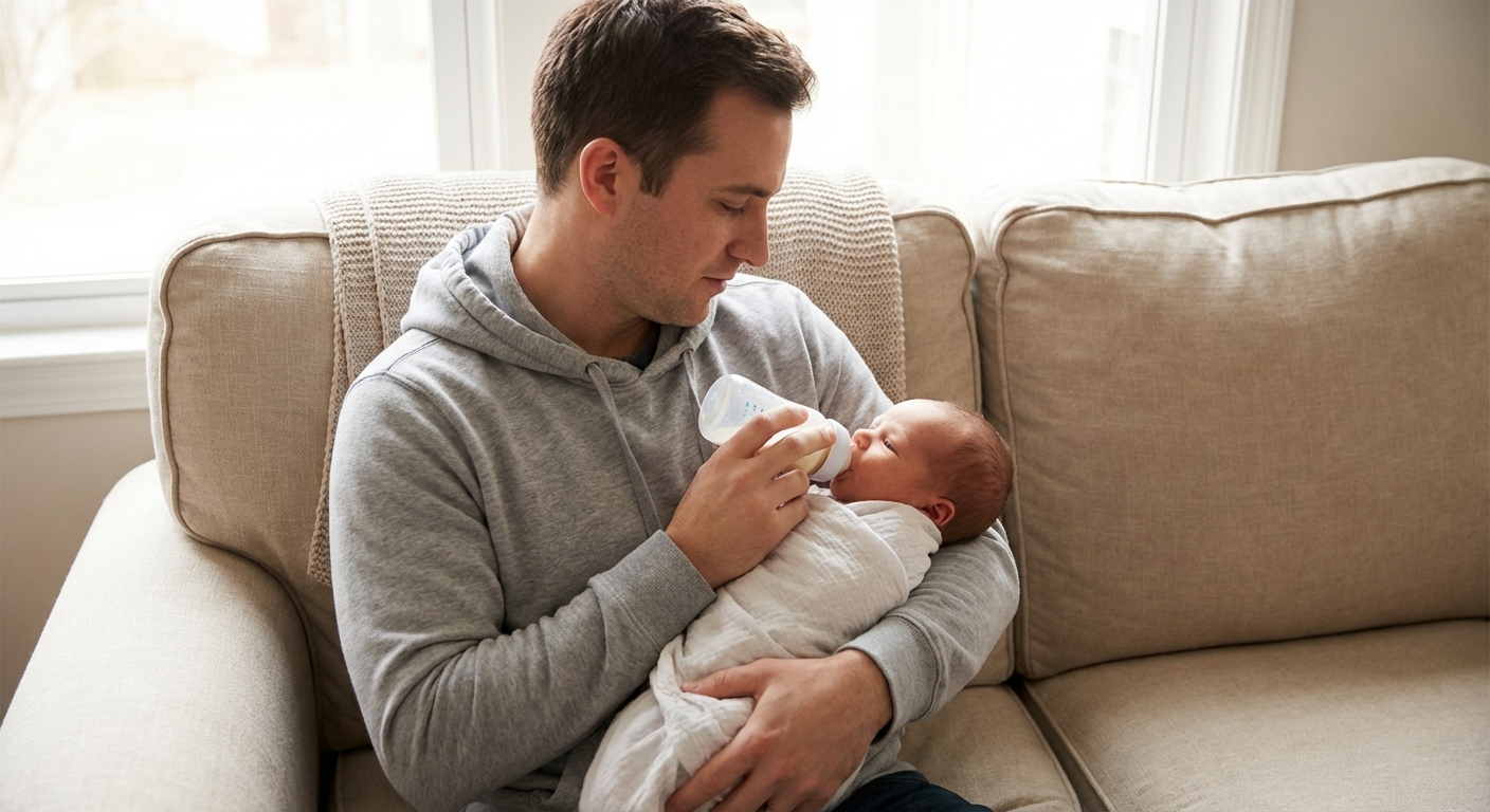 A parent bottle-feeding a newborn in a semi-upright position on a couch, holding the bottle at a slight angle to slow the flow, soft daylight, photorealistic