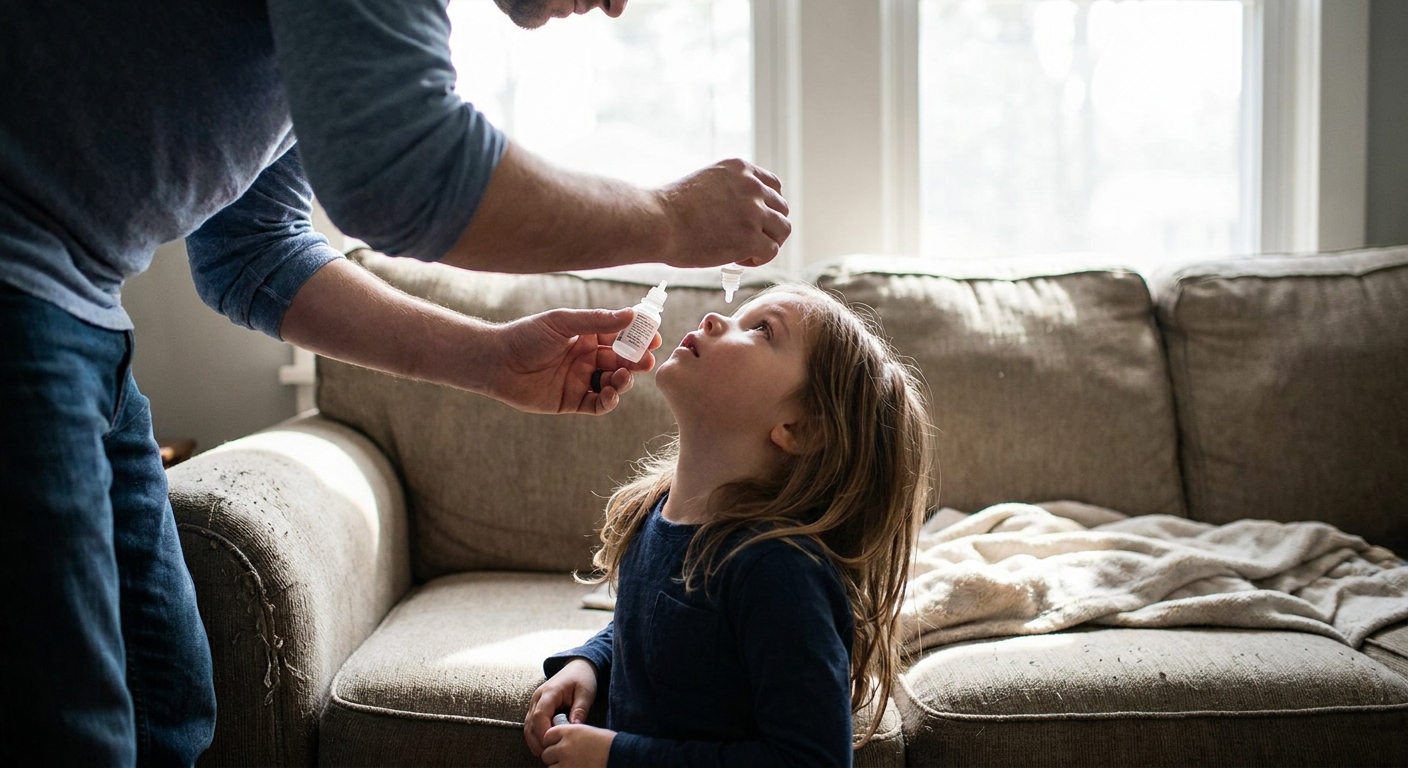A parent carefully applying lubricating eye drops to a child sitting on a couch at home, soft natural indoor light, realistic photo