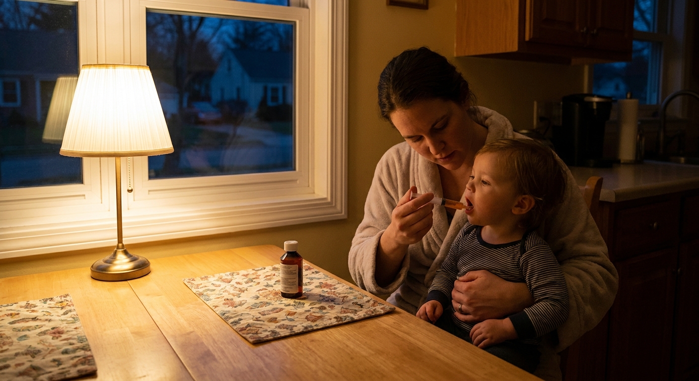 A parent carefully giving a child a dose of liquid antibiotic with an oral syringe in a softly lit kitchen at night, realistic photo