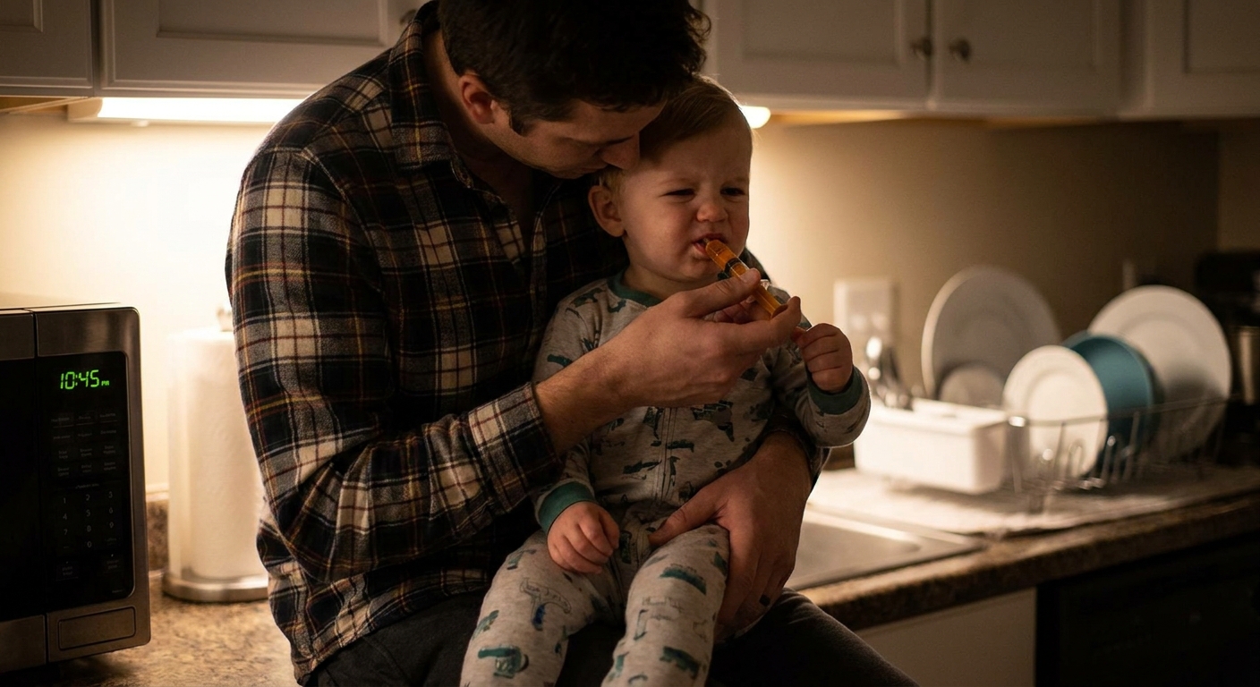 A parent carefully giving a toddler a small dose of liquid medicine using an oral syringe in a softly lit kitchen at night, realistic photo