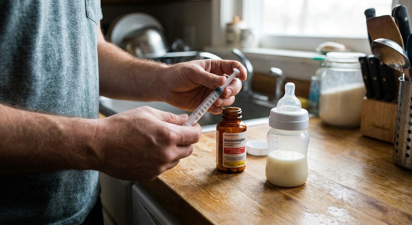A parent carefully measuring liquid acetaminophen into an oral syringe next to a baby bottle on a kitchen counter, close-up real photograph style