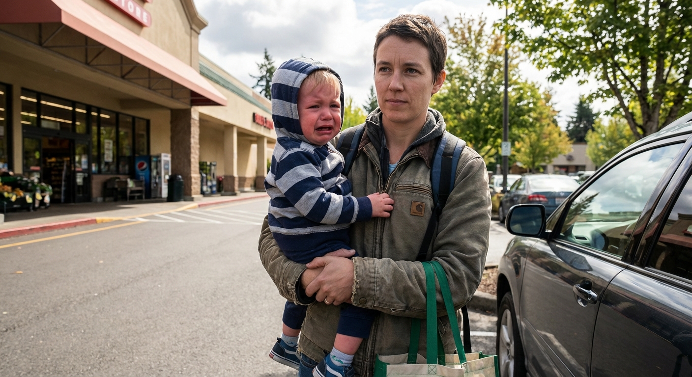 A parent carrying a crying toddler out of a store entrance toward a parking lot, the parent looking focused and calm, natural light, candid real-life photography