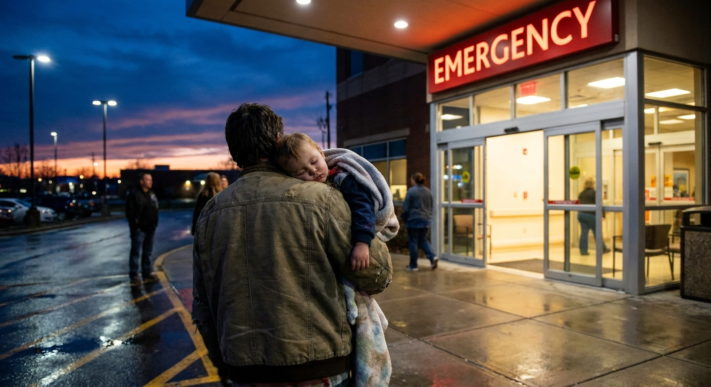 A parent carrying a sleepy child while walking toward a hospital emergency entrance at dusk, realistic photo
