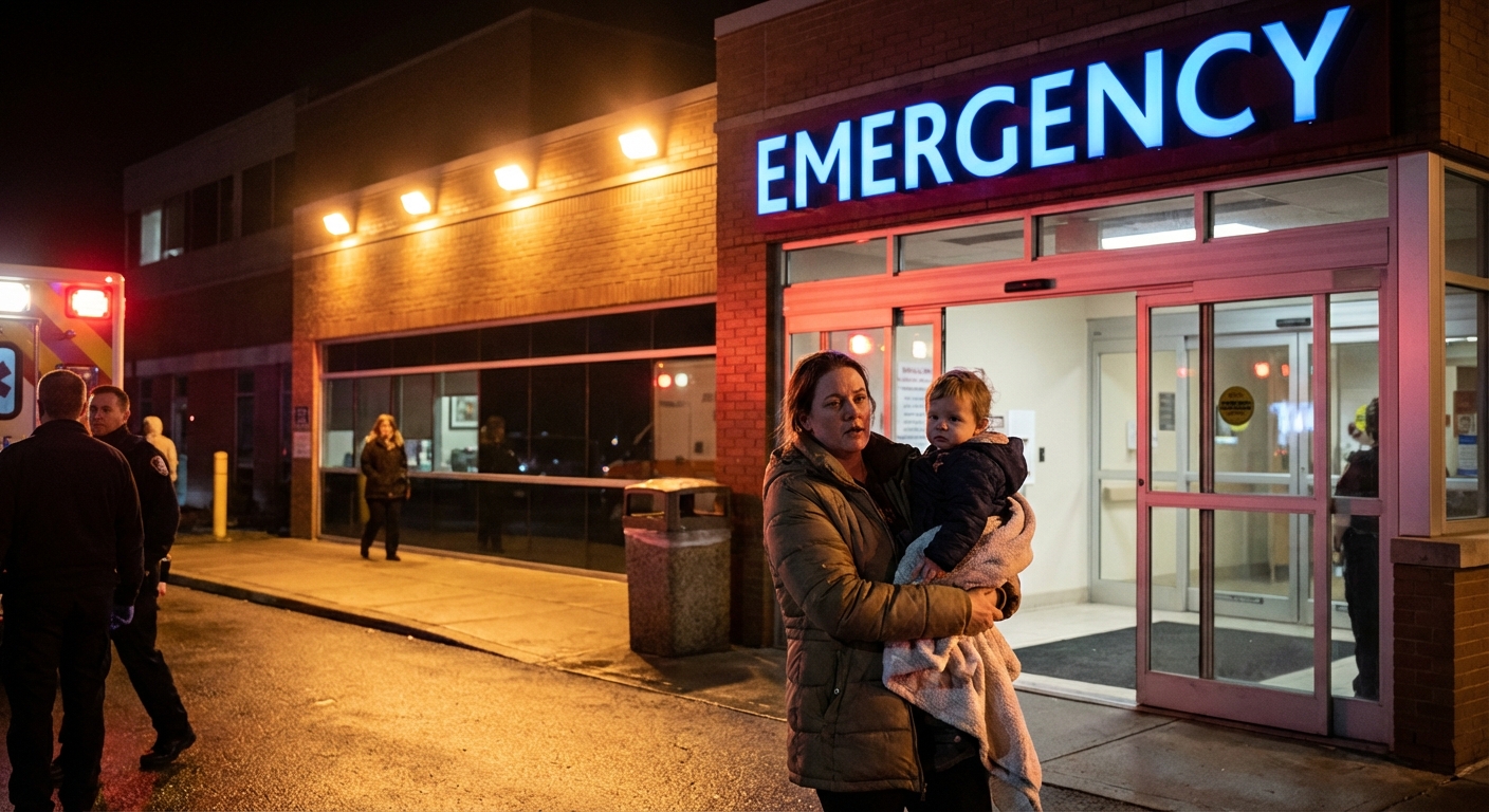 A parent carrying a toddler into a hospital emergency department entrance at night with bright exterior lights, realistic photojournalism style