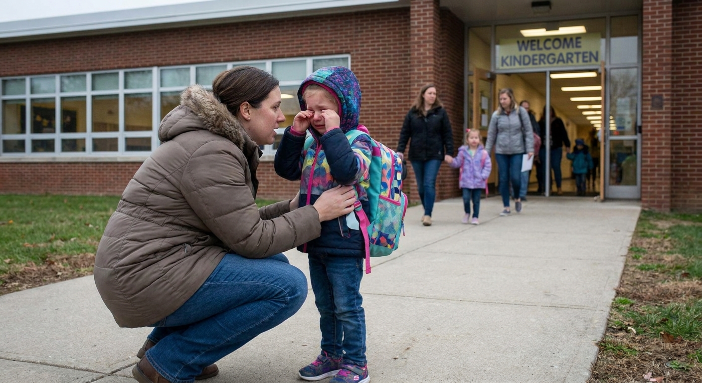 A parent crouching beside a tearful kindergarten-aged child at an elementary school entrance during morning drop-off, candid real-life photograph