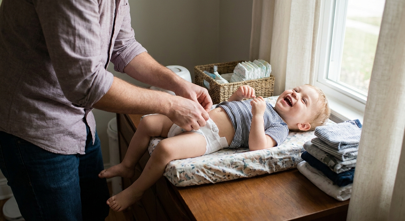A parent fastening a clean diaper on a smiling toddler lying on a changing pad at home, natural daylight, realistic photo