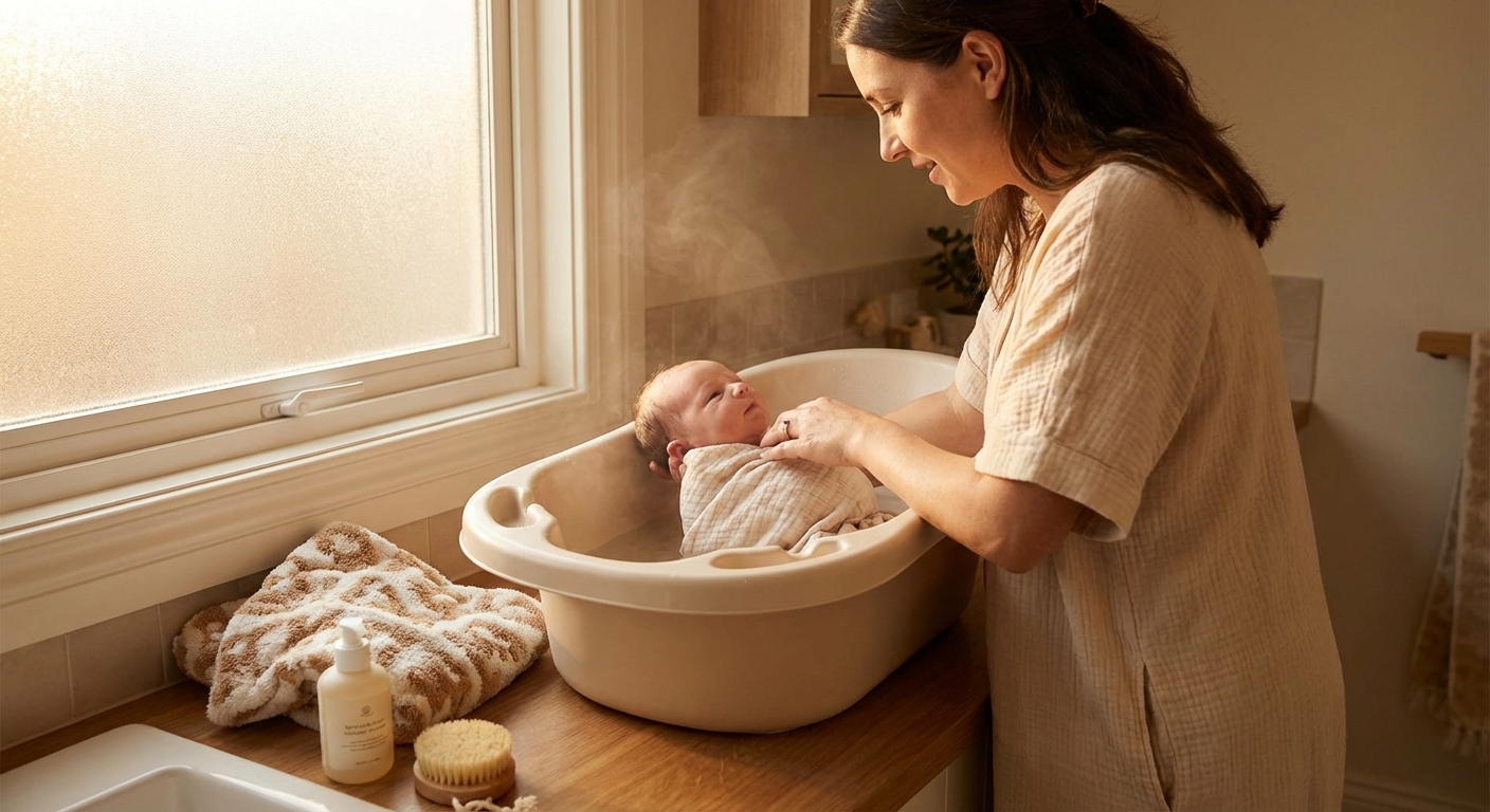 A parent gently bathing a newborn in a small baby tub on a bathroom counter, warm lighting, towel nearby, calm intimate lifestyle photo
