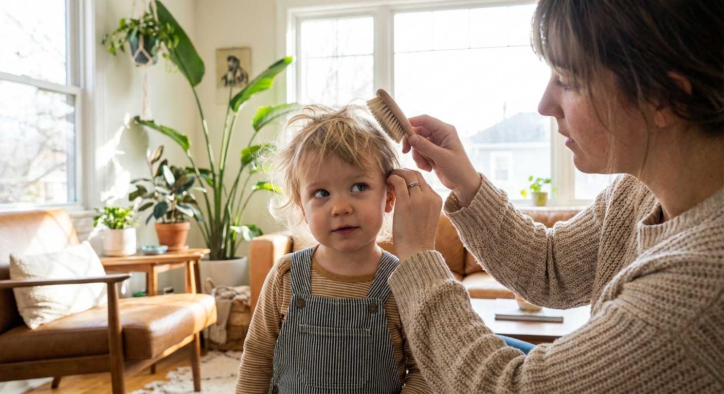 A parent gently brushing hair back while looking at a toddler's ear in a bright living room, natural photo