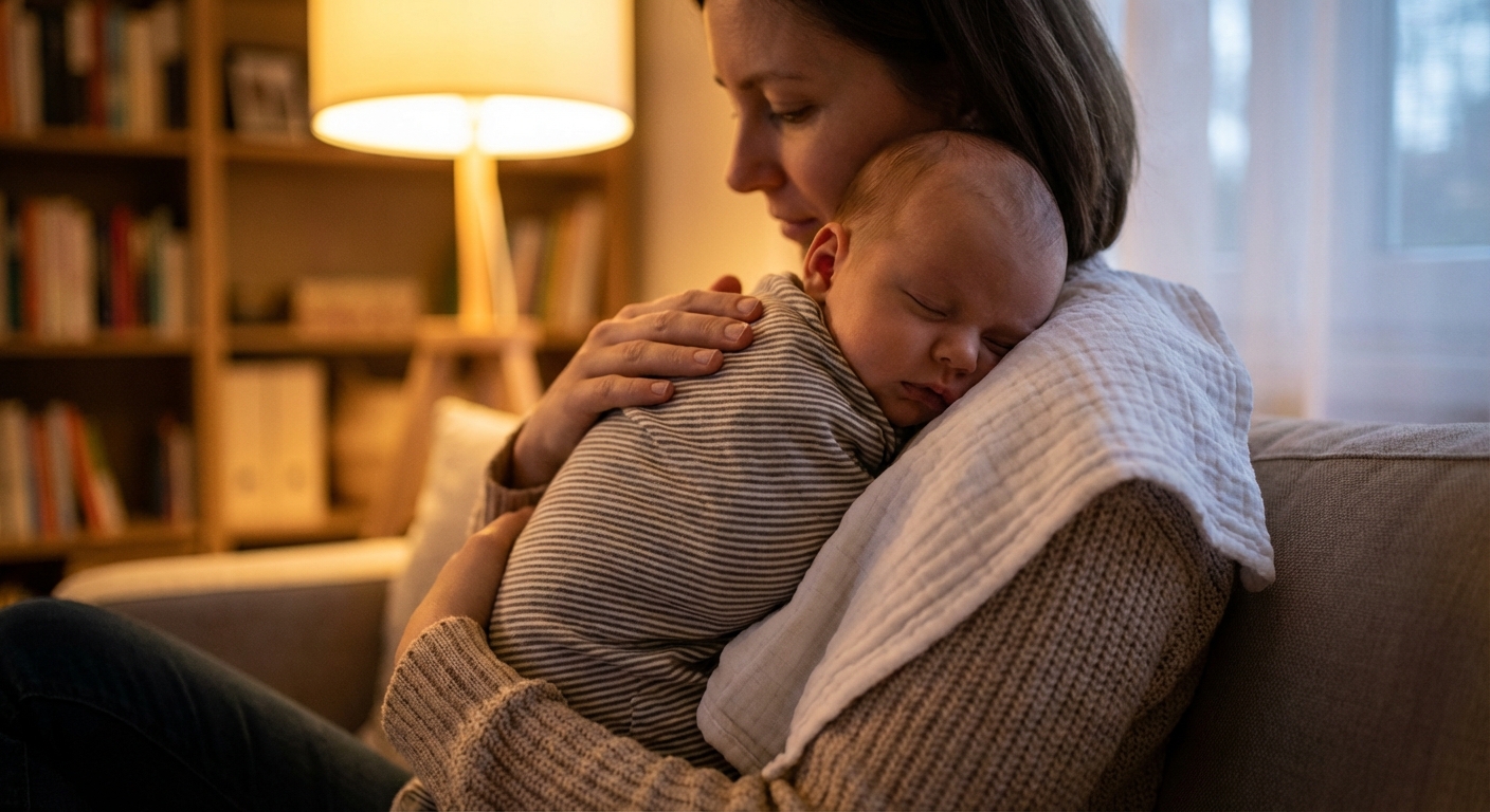 A parent gently burping a newborn over their shoulder with a white burp cloth, the baby’s face relaxed and sleepy, warm indoor evening light, photorealistic