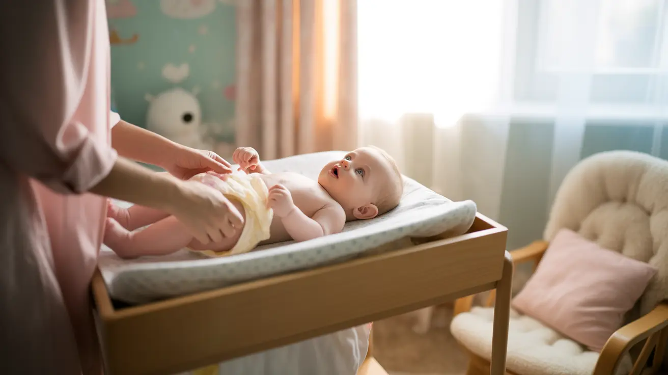 A parent gently changing a newborn baby on a soft changing pad at home, with the baby relaxed and the diaper area covered for modesty, natural window light, realistic photo