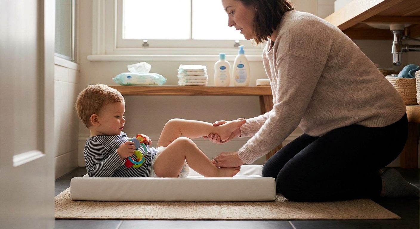 A parent gently checking a toddler's diaper area during a diaper change in a well-lit bathroom, real-life parenting photo style