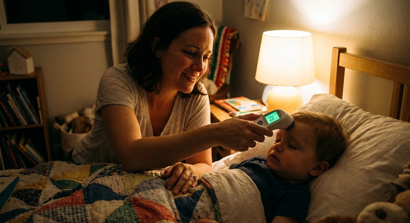 A parent gently checking a toddler's temperature with a digital forehead thermometer in a bedroom at night, warm lamplight, realistic family photo