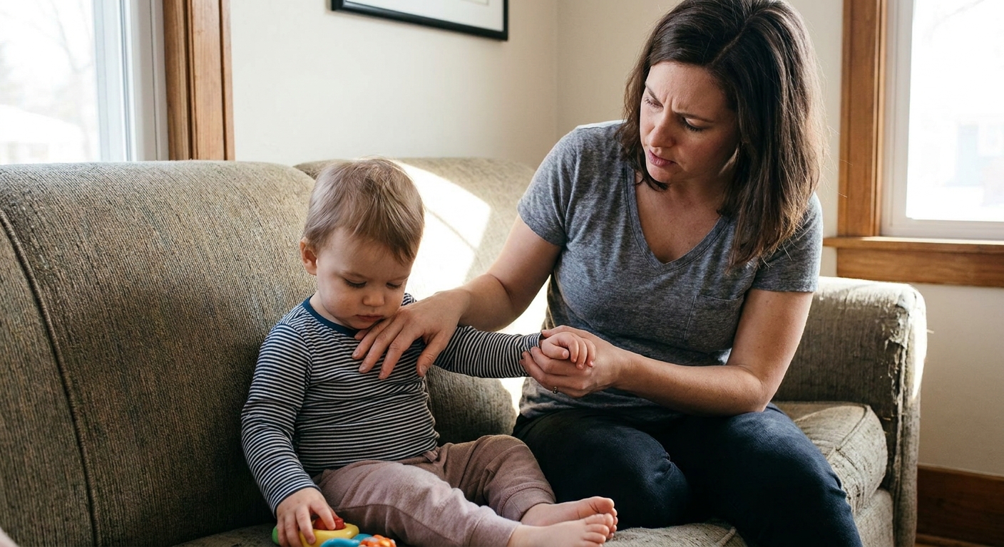 A parent gently comparing a toddler's wrists at home on a couch, looking for swelling while the child keeps one arm tucked close, realistic family photo