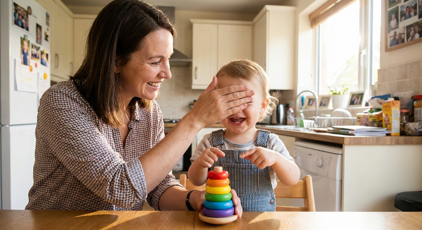 A parent gently covering a toddler’s eye with their hand while the toddler looks at a small toy, playful at-home vision check in a kitchen, real photograph