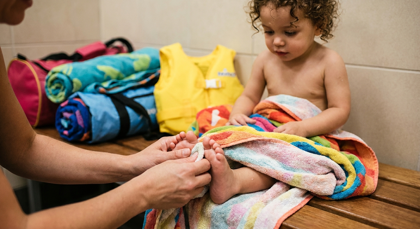 A parent gently drying a toddler’s wet feet with a towel after a swimming lesson, focusing on the toes and spaces between them