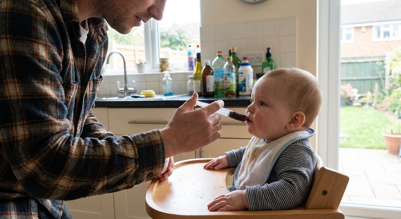 A parent gently giving a baby liquid iron drops using an oral syringe while the baby sits upright in a high chair in a bright kitchen, realistic photograph