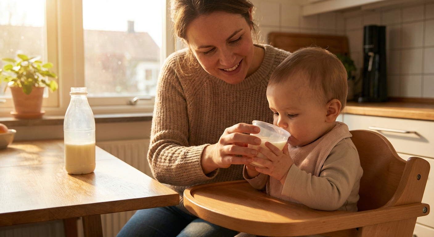 A parent gently helping a baby drink expressed milk from a small open cup while the baby sits upright in a high chair, soft morning light, realistic photograph