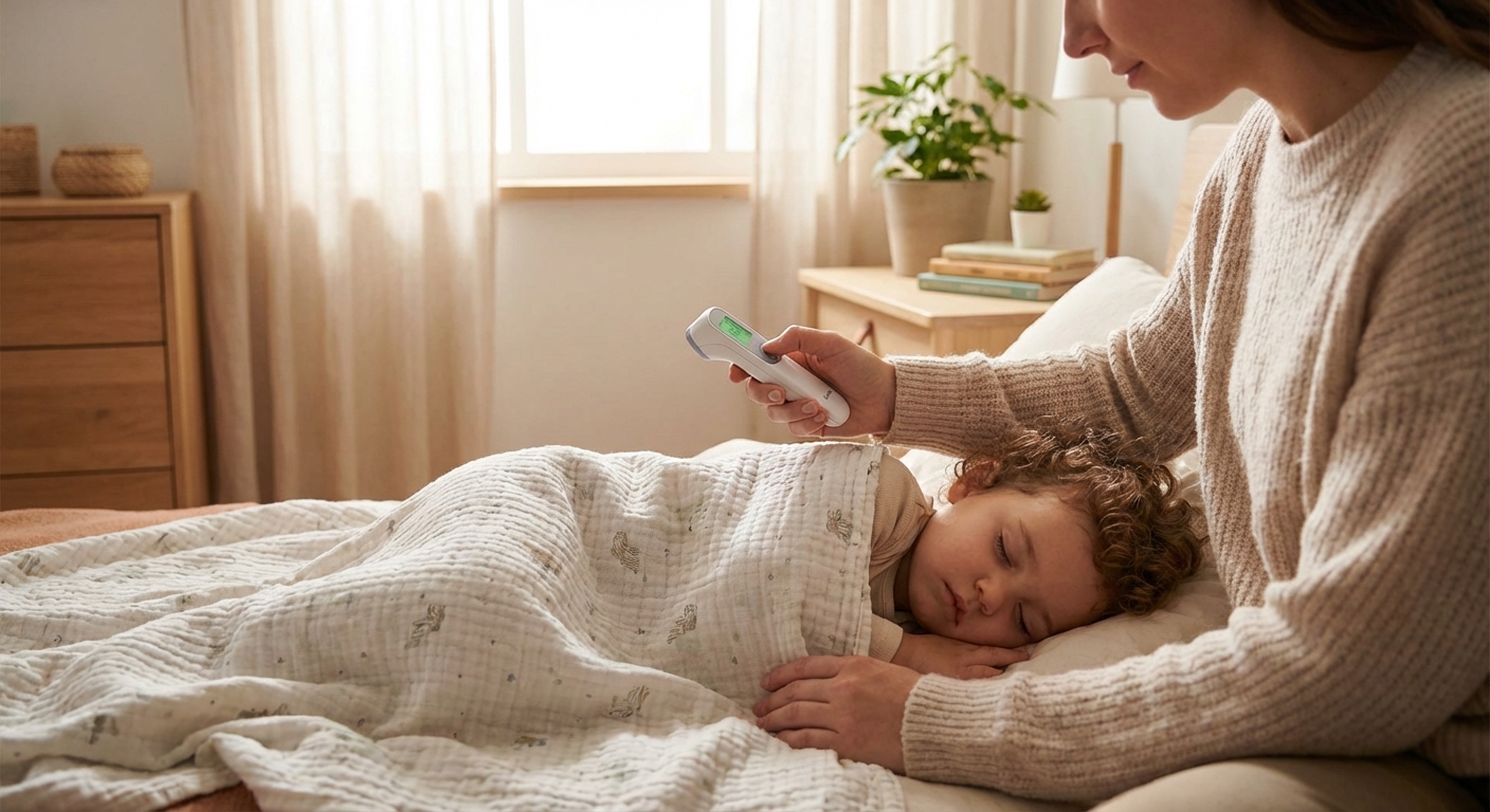 A parent gently holding a digital thermometer near a toddler who is resting on a bed with a light blanket, calm home environment, soft natural light, photorealistic