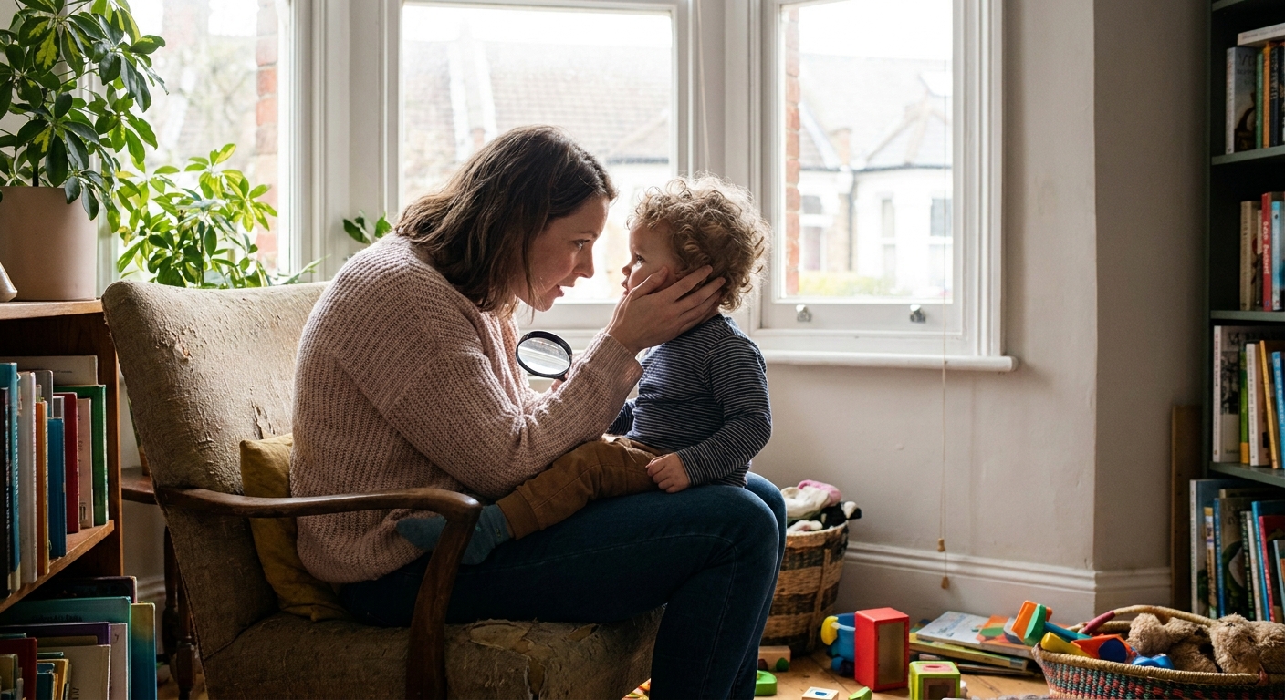 A parent gently holding a toddler on their lap near a bright window while looking closely at the child’s eyes, realistic home photo