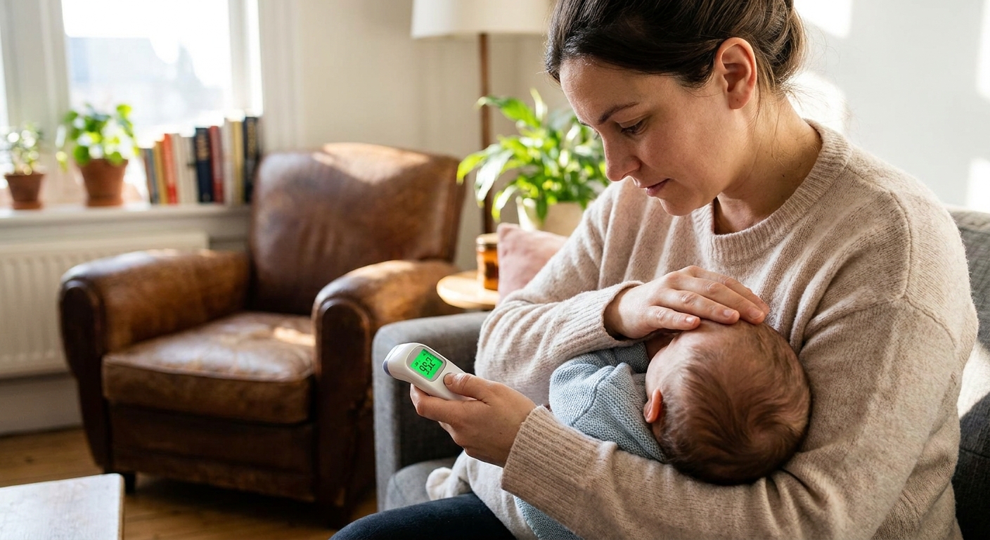 A parent gently holding an infant while checking a digital thermometer reading at home, realistic photography
